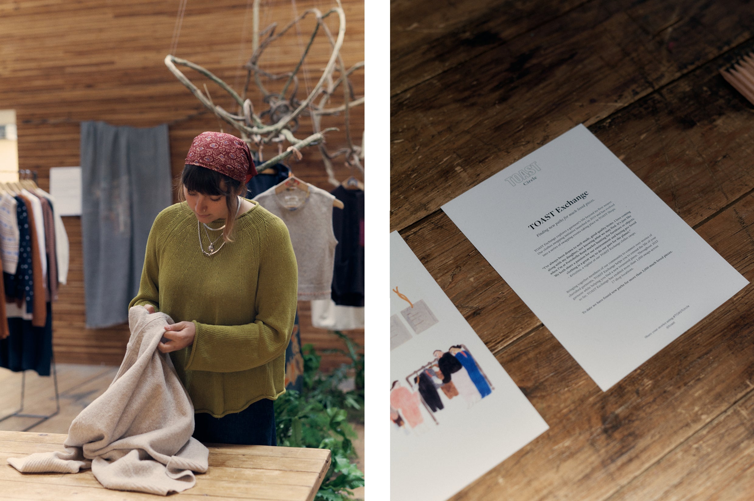 A person mending clothing at the TOAST Circle Pop-Up