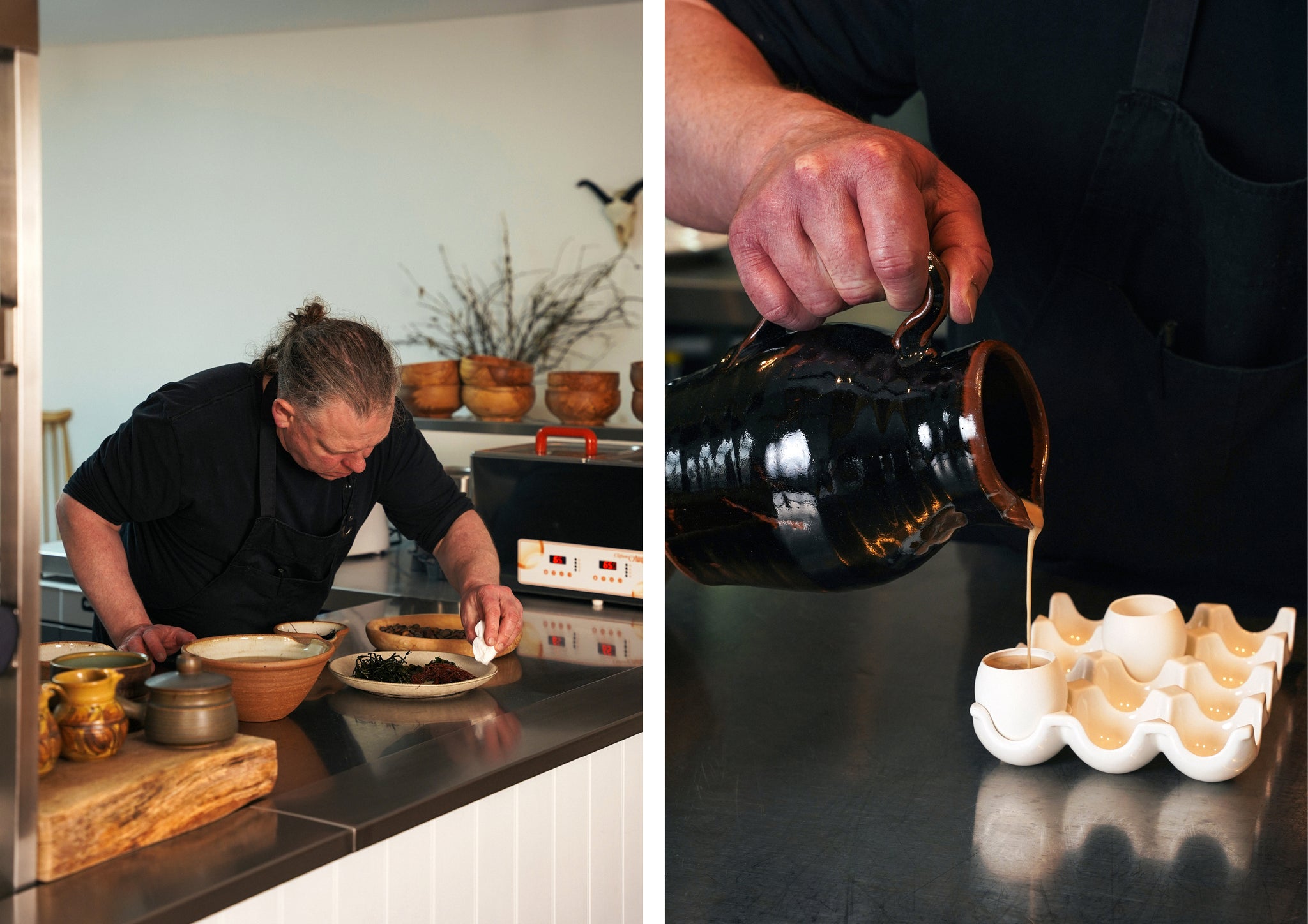 Chef plating up and hand pouring mixture into egg shells
