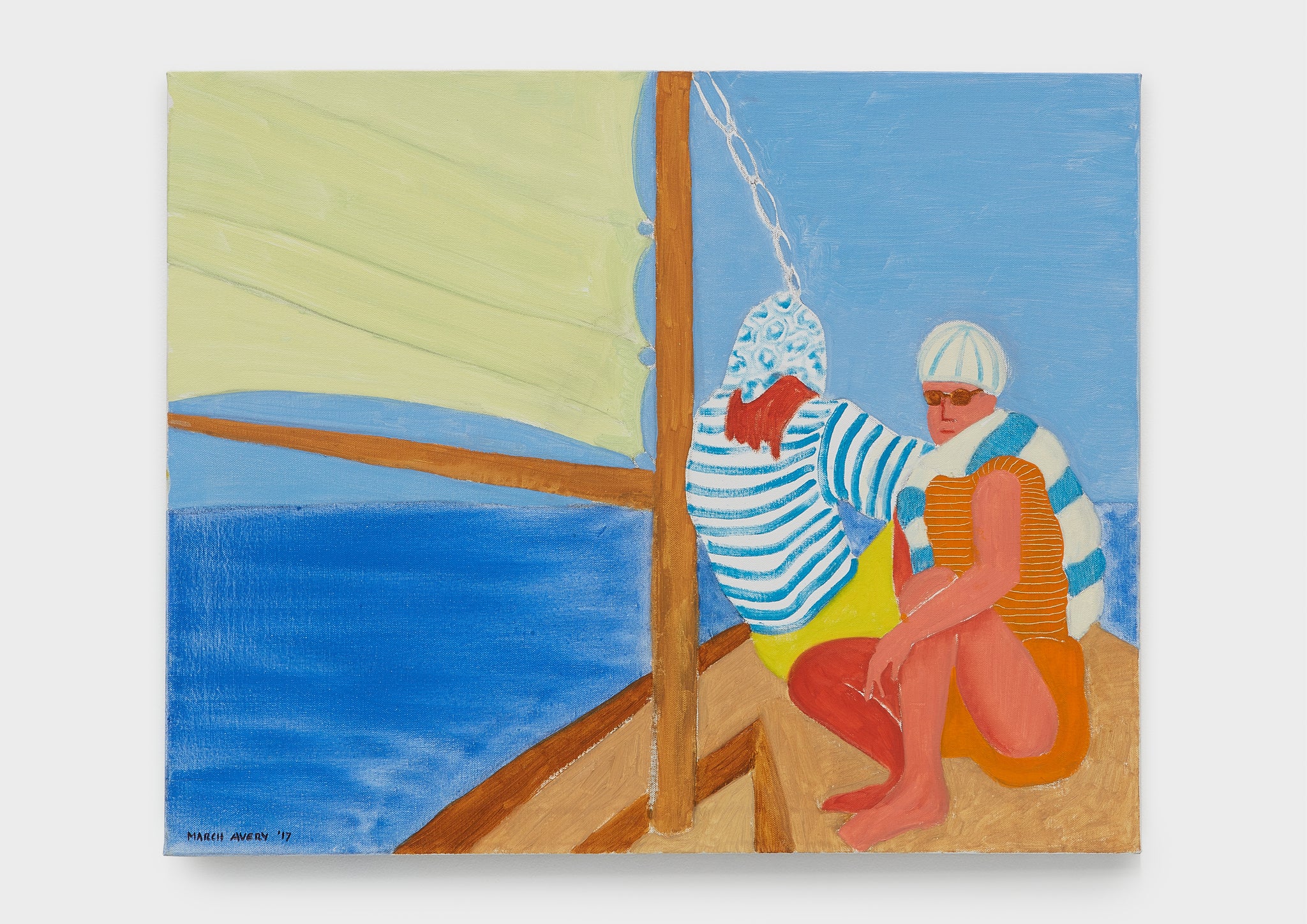 Painting of two people on a sailing boat