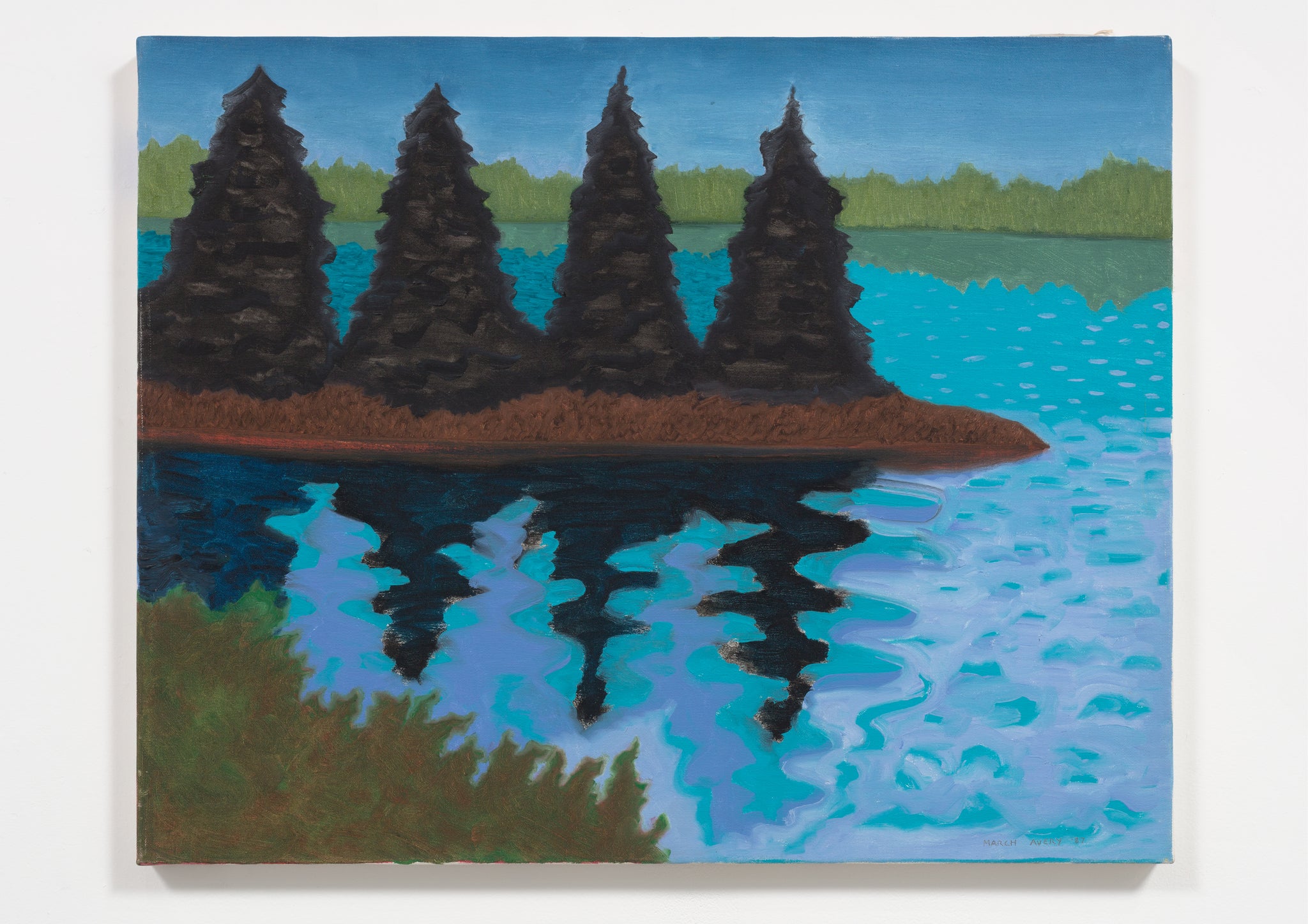 Painting of trees reflecting on water