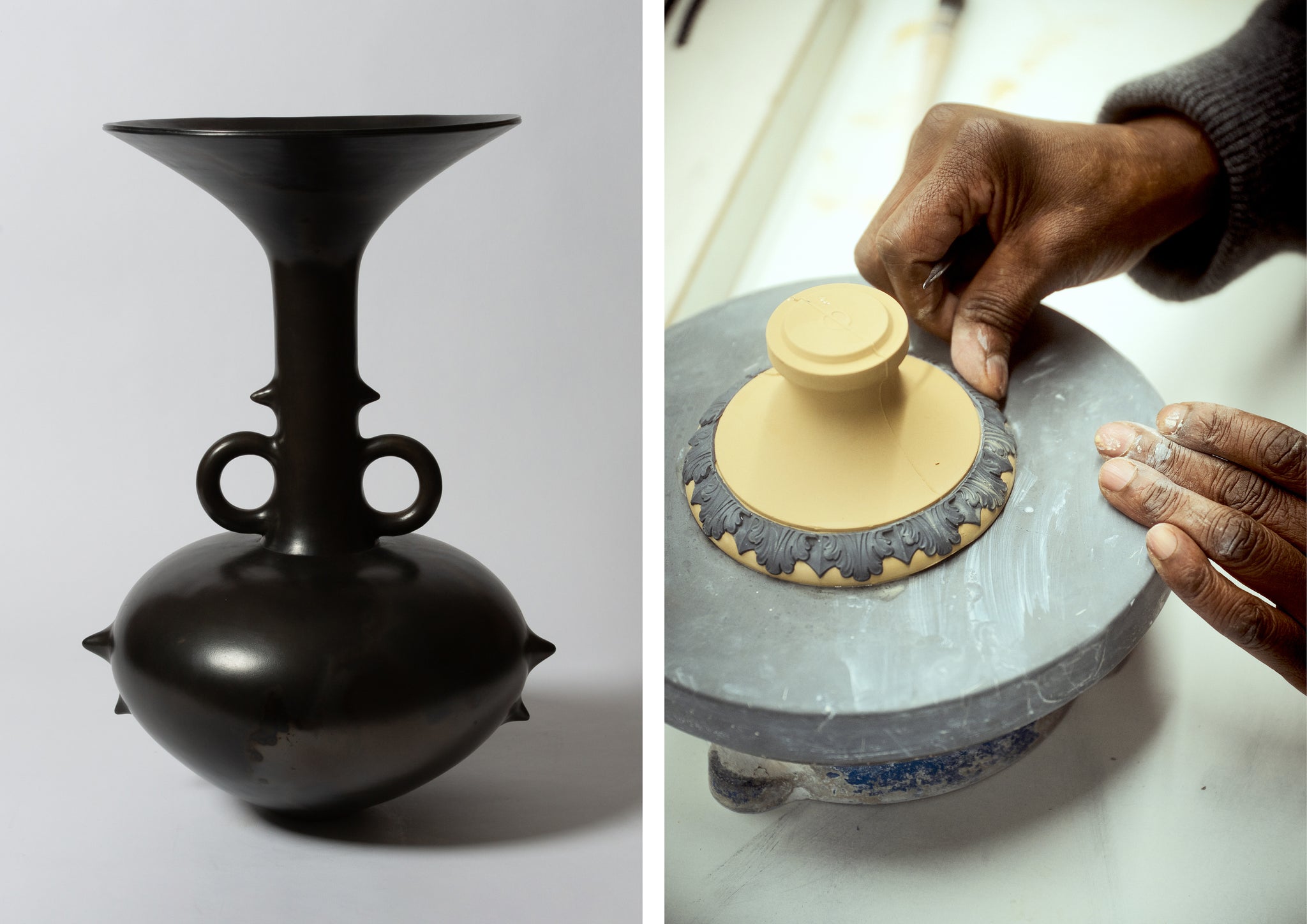 Dame Magdalene Odundo, Untitled, 1991 and Dame Magdalene Odundat the Wedgwood factory