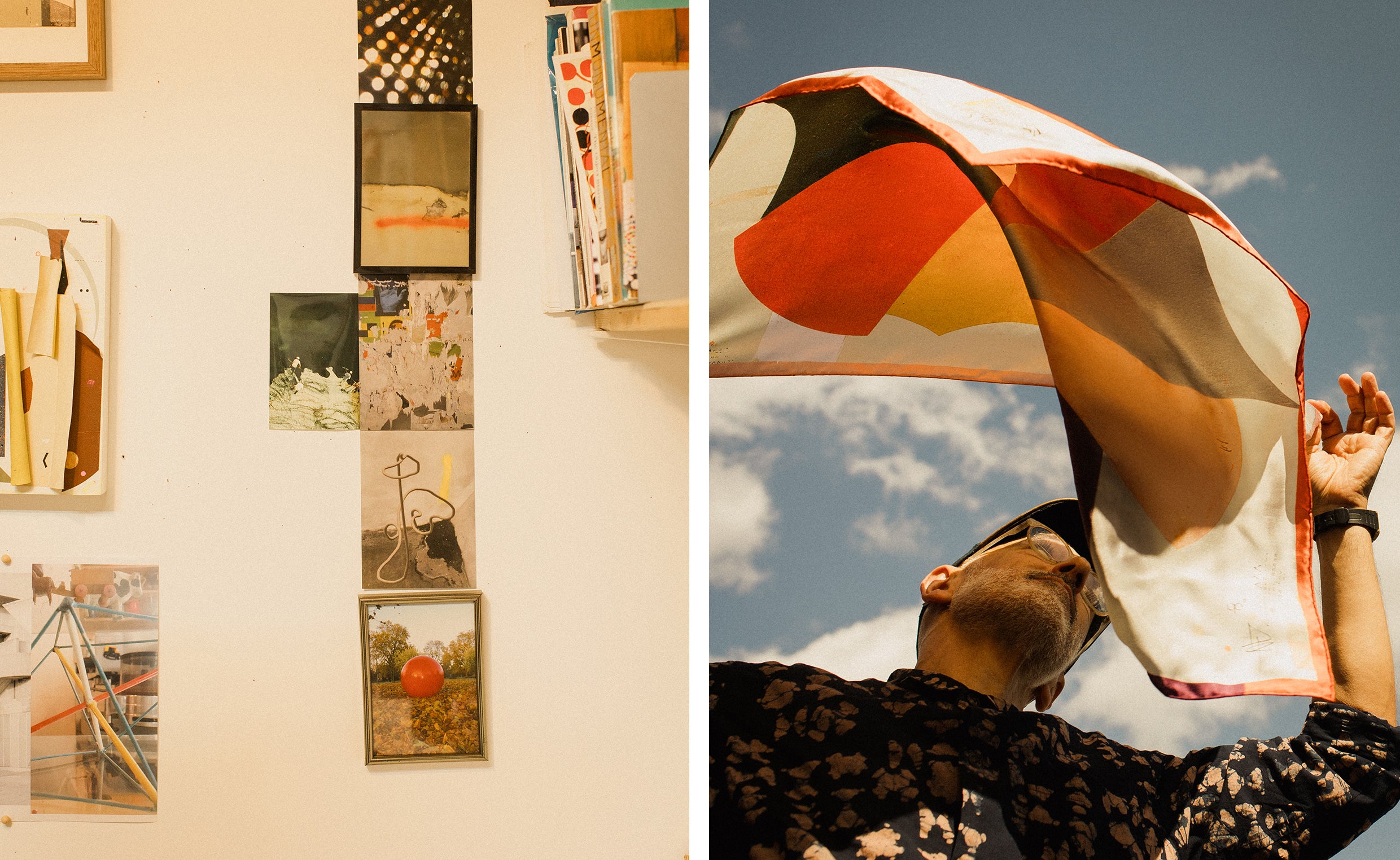 Photographs on studio wall and man holding silk scarf