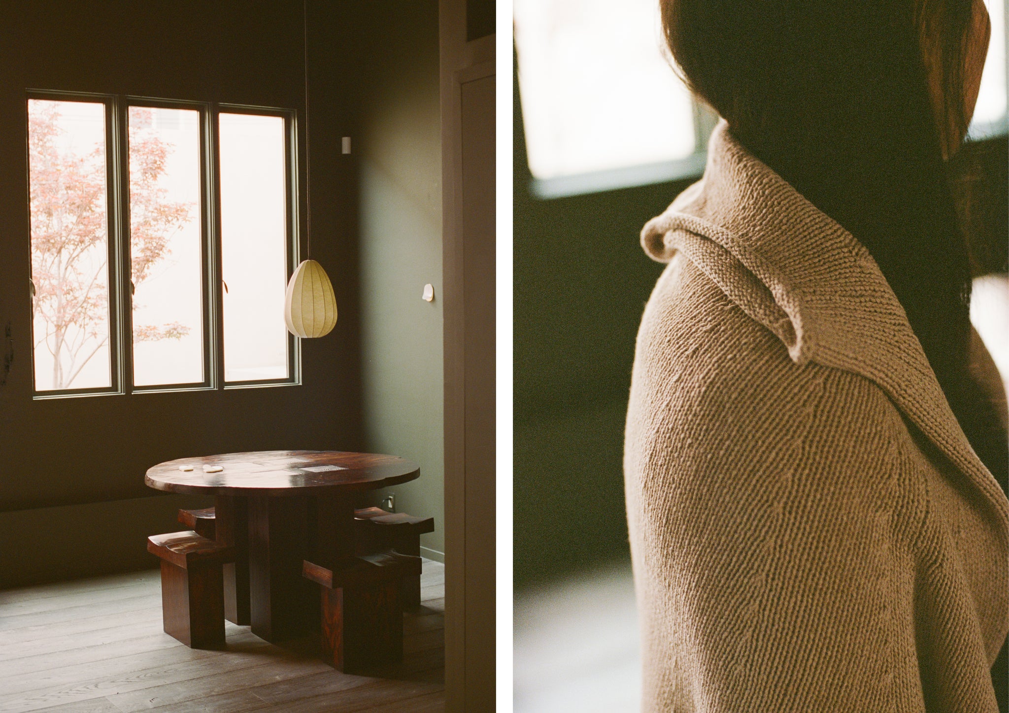 Round wooden table and woman's shoulder