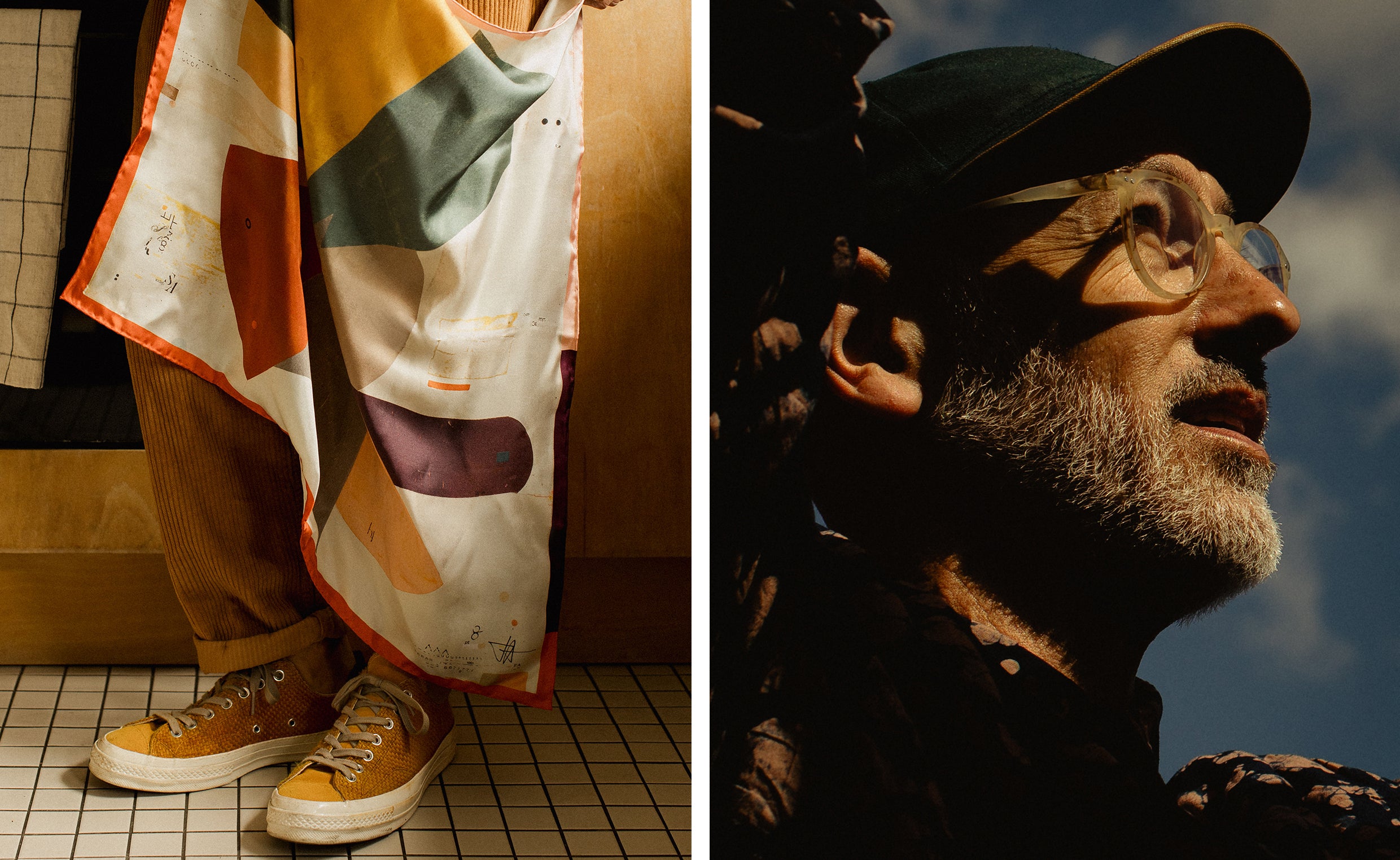 Silk scarf, yellow trainers and man wearing hat