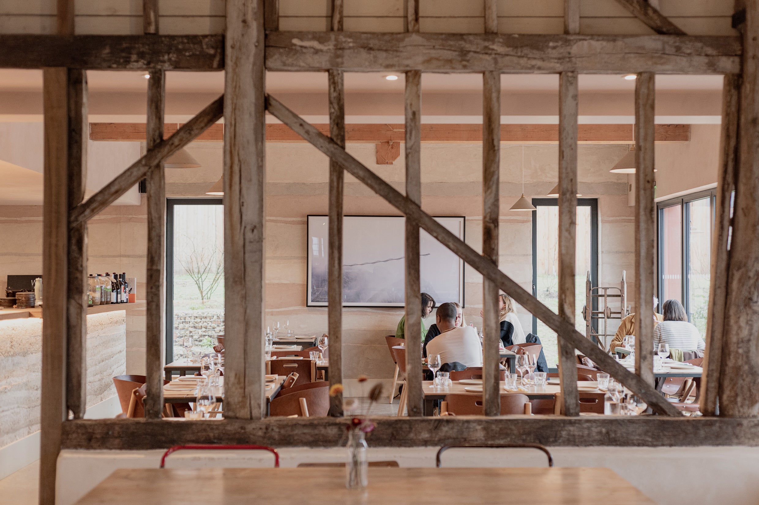 A restaurant with people dining