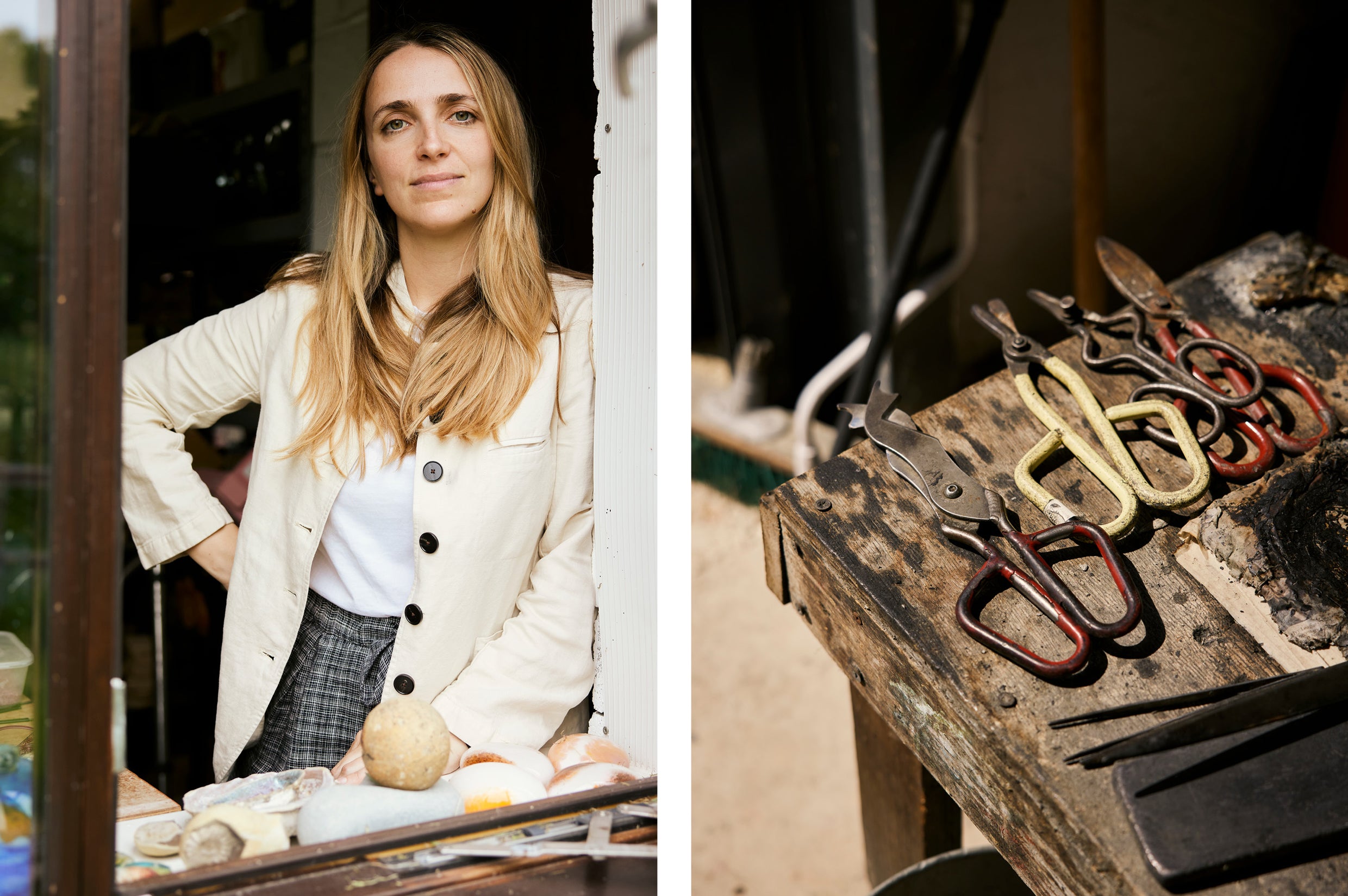 Artist Rosie Stonham stands in her workshop