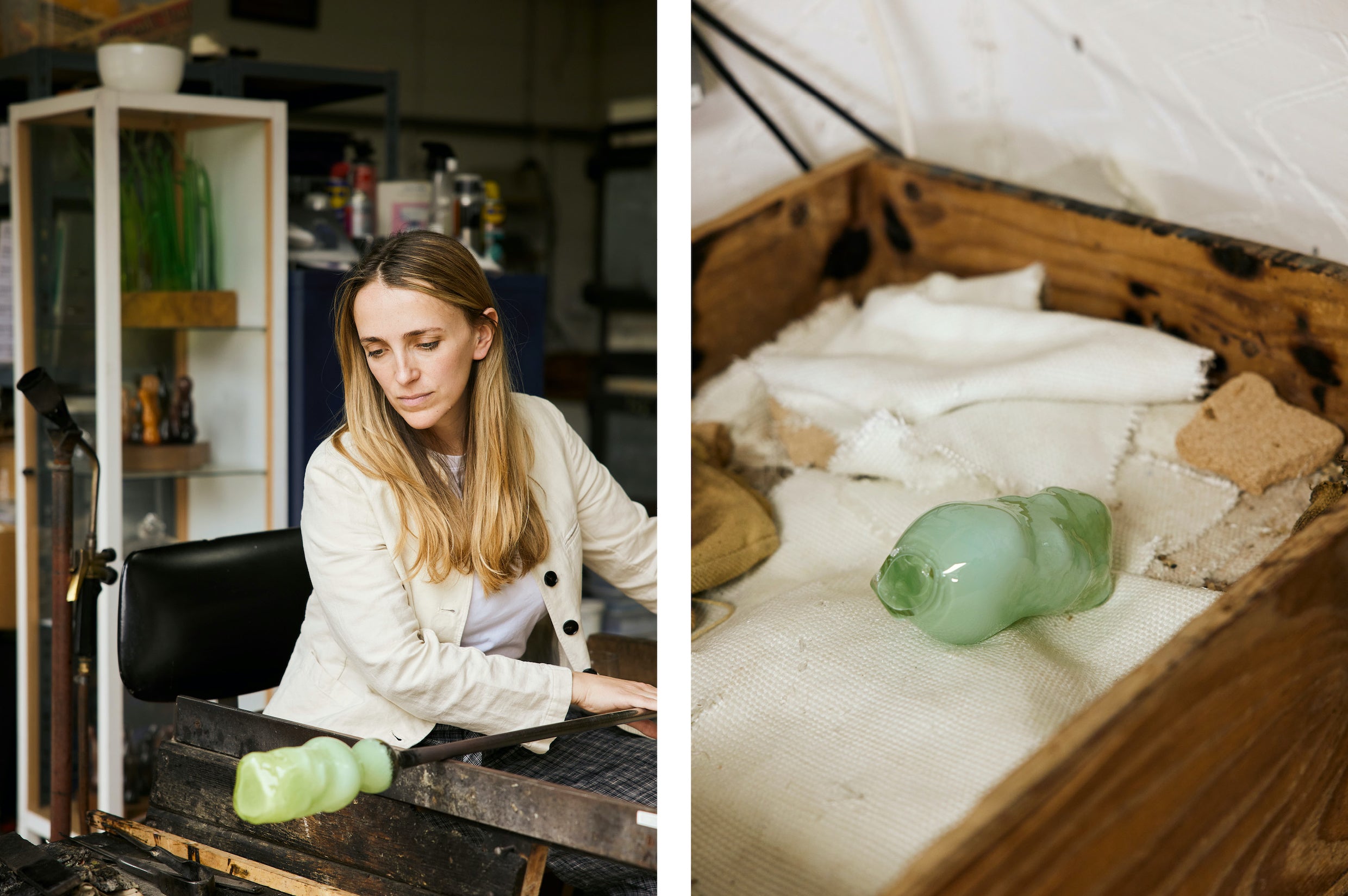 Artist Rosie Stonham works on her blown-glass vases