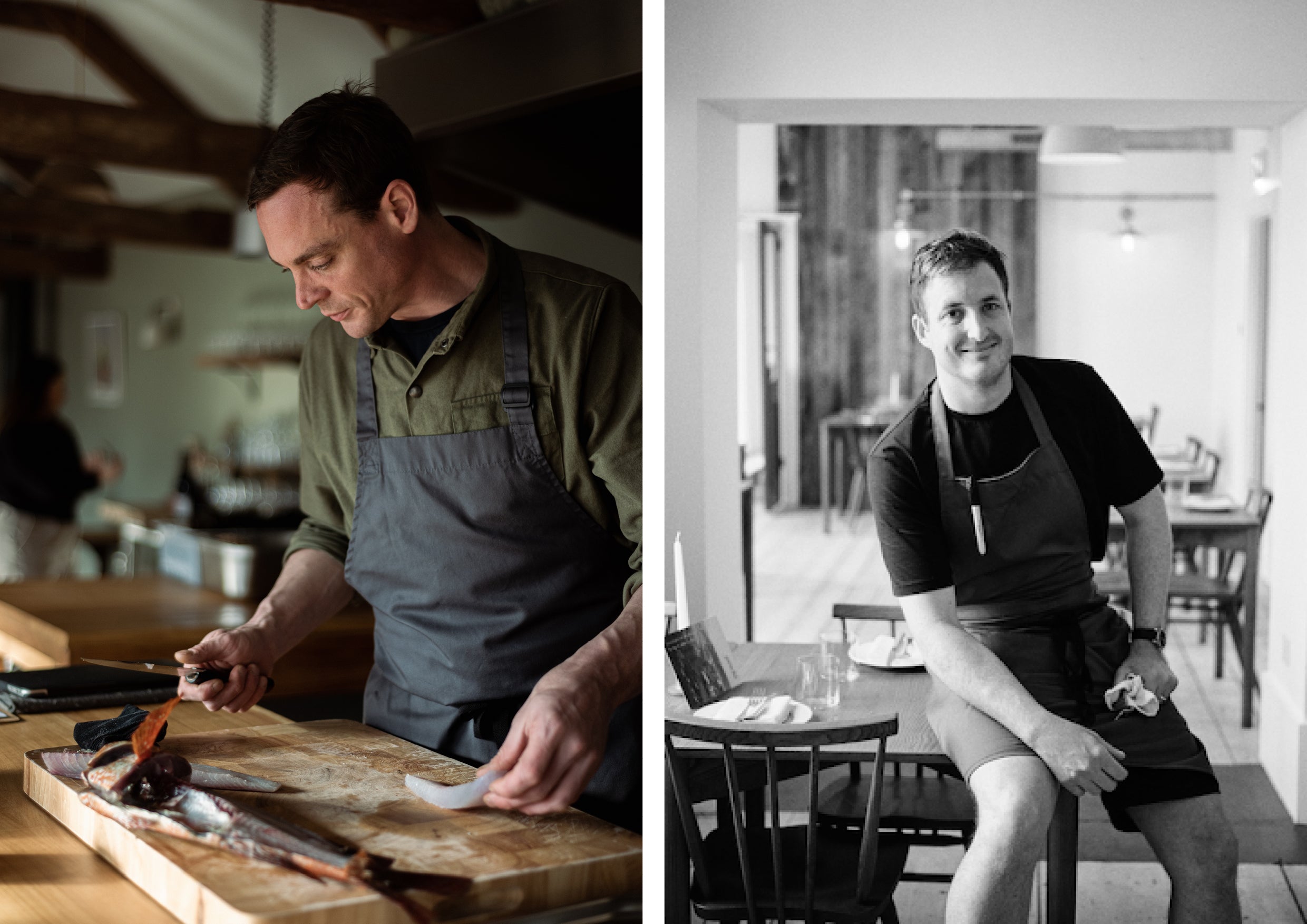 Two chefs wearing aprons in the kitchen