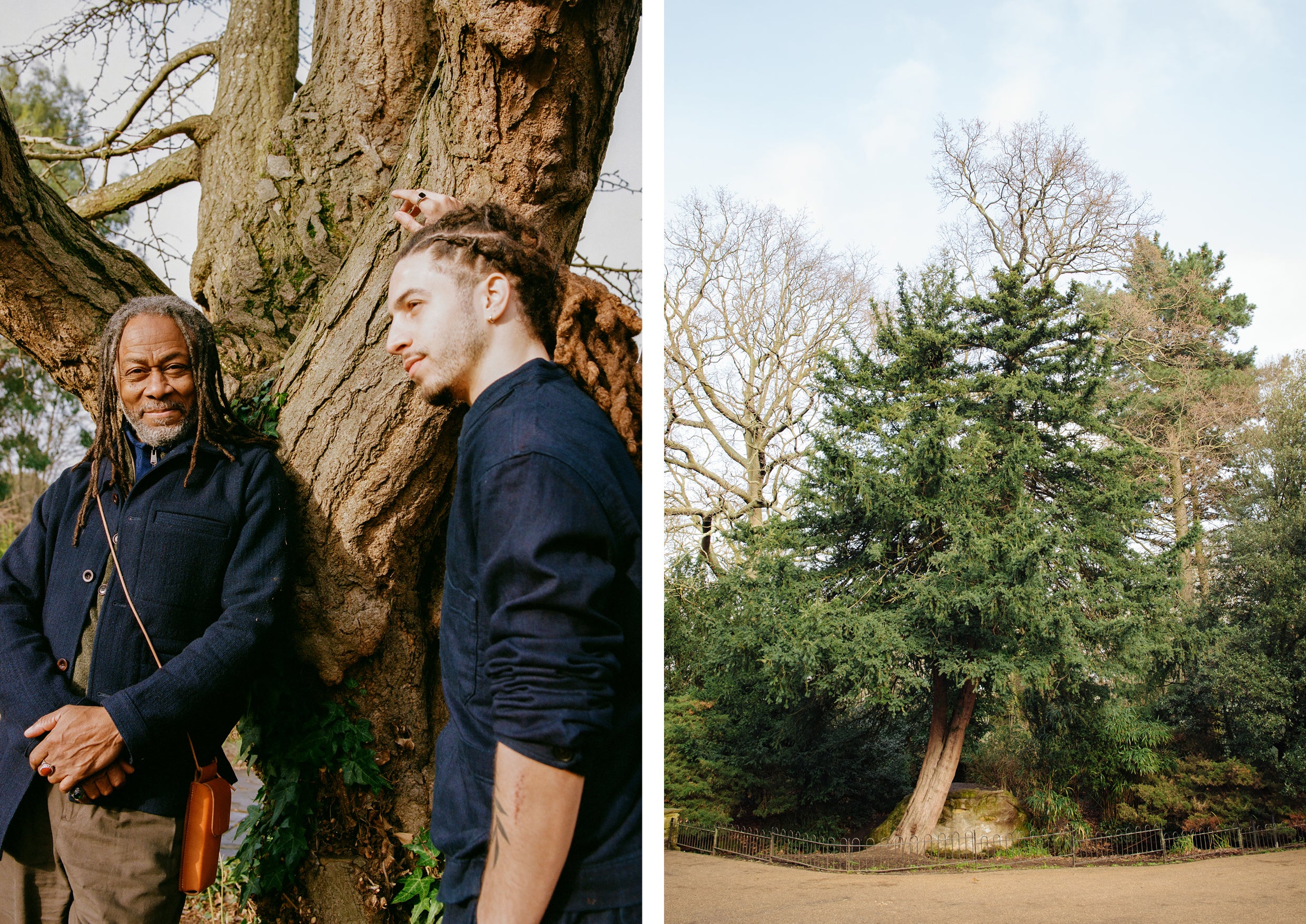 Two men stood against a tree