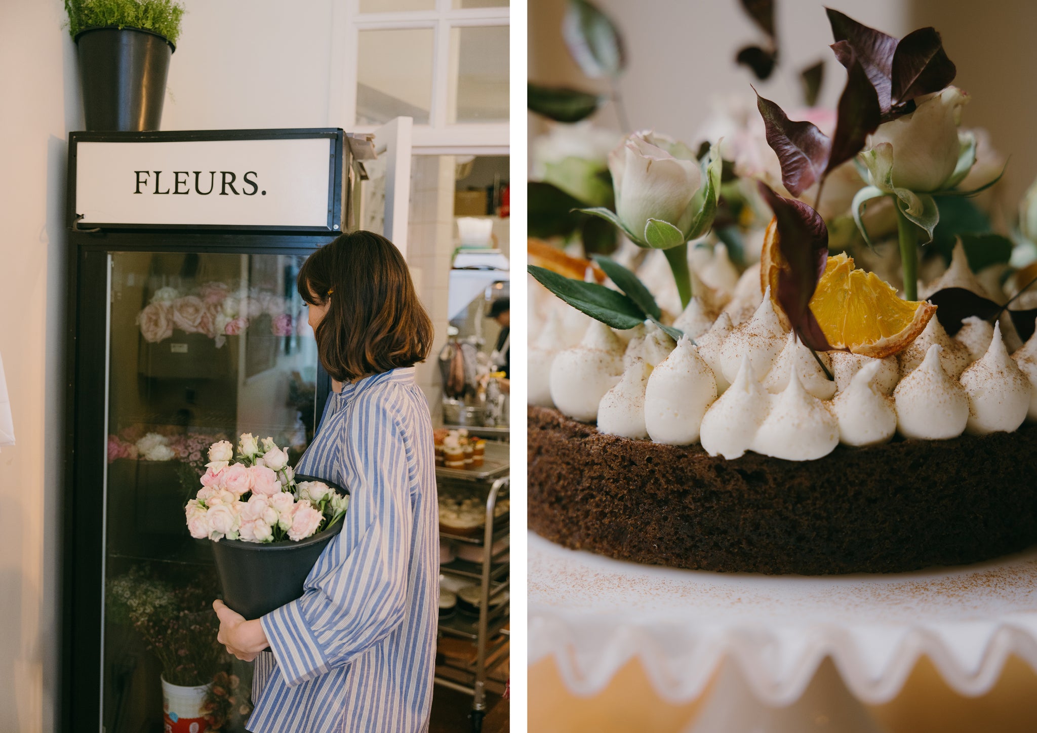 Woman holding a bucket of flowers, stood in front of a fridge
